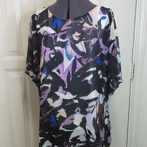 Dana Buchman Black and Purple Short Sleeve Boxy Blouse